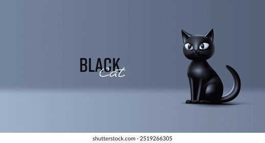 3D black cat sitting and looking. Image of a cute cat on a dark background for advertising concepts, celebrations, promotions, Halloween, and Black Friday. Vector