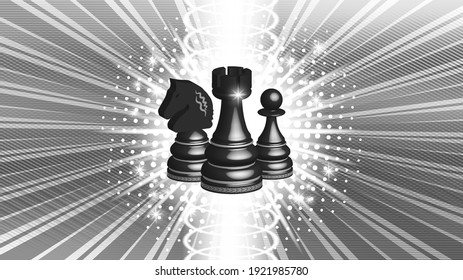 3d black chess pieces. Pawn, knight and rook on a bright glowing radiant background