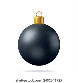 3D Black Christmas Ball with Golden Clamp Isolated. Render Glass Christmas Tree Toy. Happy New Year Decoration. Merry Christmas Holiday. New Year and Xmas Celebration. Realistic Vector Illustration