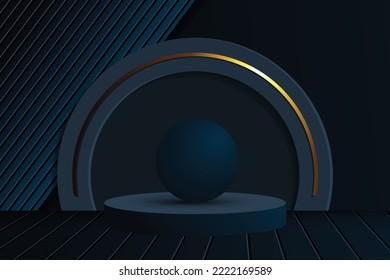 3D Black circle stage podium. Dark background.