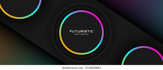 Círculos negros 3D abstractos de fondo superponen la capa en el espacio oscuro con coloridas líneas efecto decoración. Concepto moderno del estilo de las rayas del elemento de Diseño gráfico para el Web, el volante, la tarjeta, o la cubierta del folleto