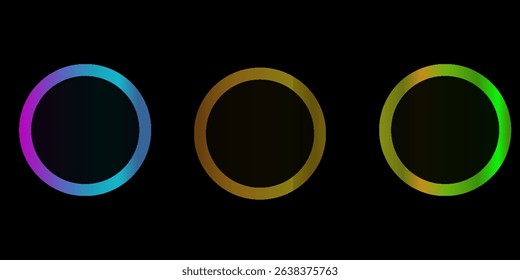 3D black circles frames background set on dark copy space. Colorful lights decoration. Minimal modern graphic design element with glowing style concept for web, poster, flyer, card or brochure cover