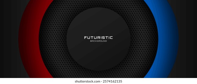 3D black circles techno abstract background overlap layer on dark space with red blue lines effect decoration. Graphic design element cutout style concept for web, flyer, card, or brochure cover