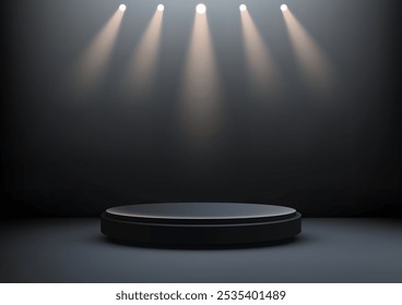 3D black circular podium illuminated by soft spotlights, perfect for product displays, award ceremonies, or event showcases in a dark, minimalist setting