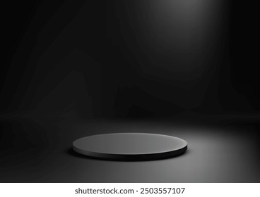 Podio circular negro 3D en el proyector con el fondo oscuro para la exhibición minimalista del Producto y la maqueta elegante, ideales para la sala de exposición y el escaparate