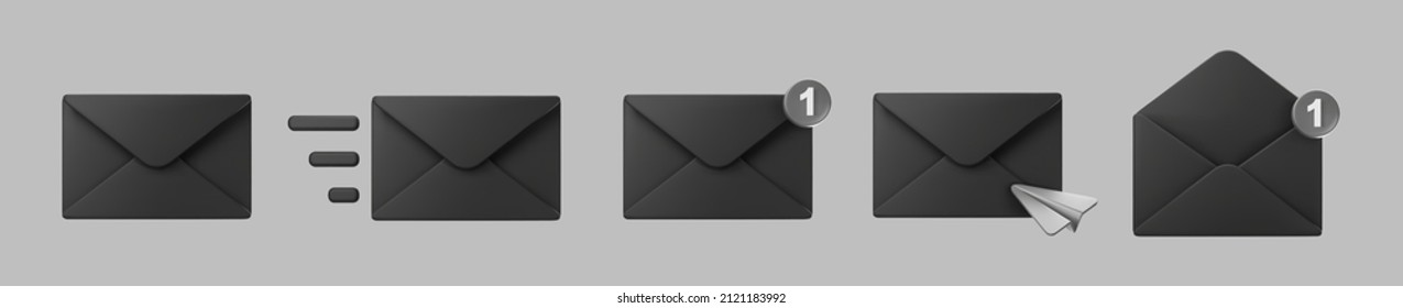 3d black closed mail envelope icon set with marker new message isolated on grey background. Render email notification with letters, check mark, paper plane icons. 3d realistic vector