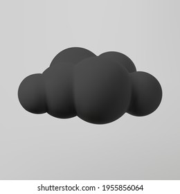 3d black cloud isolated on a grey background. Render soft cartoon fluffy black cloud icon, dark dust or smoke. 3d geometric shape vector illustration