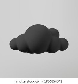 3d black cloud isolated on a grey background. Render soft cartoon fluffy black cloud icon, dark dust or smoke. 3d geometric shape vector illustration