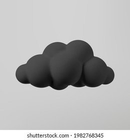 3d black cloud isolated on a grey background. Render soft cartoon fluffy black cloud icon, dark dust or smoke. 3d geometric shape vector illustration