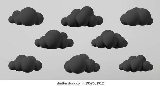 3d Black Clouds Set Isolated On A Grey Background. Render Soft Cartoon Fluffy Black Clouds Icon, Dark Dust Or Smoke. 3d Geometric Shapes Vector Illustration