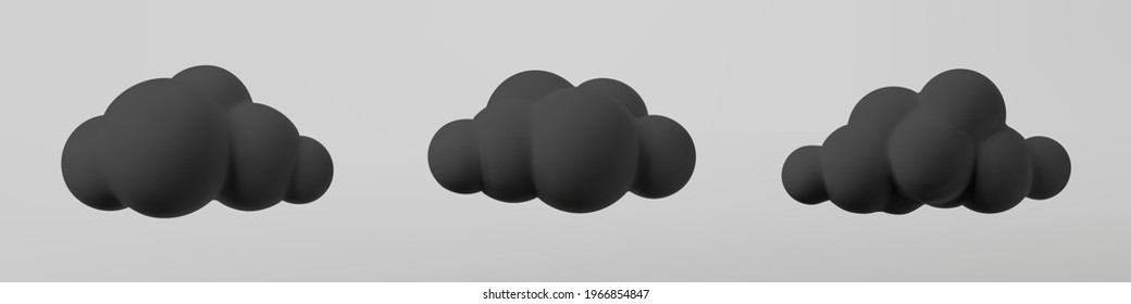 3d black clouds set isolated on a grey background. Render soft cartoon fluffy black clouds icon, dark dust or smoke. 3d geometric shapes vector illustration