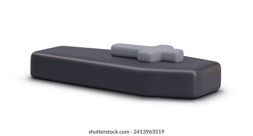 3D black coffin lid with Christian cross, side view. Isolated image for Halloween. Template for scary, dark web design. Themed illustration for seasonal fall holiday