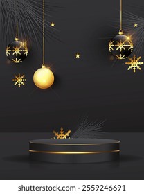 3D black color realistic product showcase vector. Product photography podium design for the merry Christmas holiday. Black color empty product podium mockup design template. 