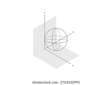3D Black Coordinate System Sphere Wireframe Grid Planes Minimal Style Mathematics Visualization White Element. Geometry Visualization Cartesian System X Y Z Arrows Spatial Orientation Technical Line A