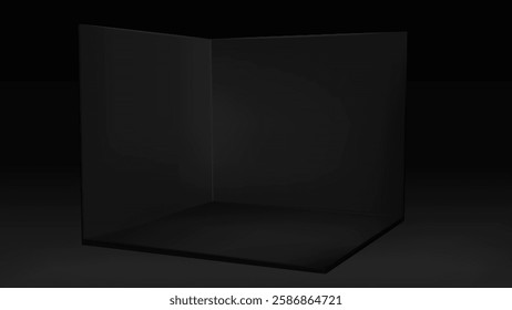 3d black corner room. Empty cube box space with open interior mockup. Blank exhibition studio for stand or podium. Advertising container for product information. Indoor booth with minimal design