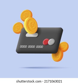 3d black credit banking card with golden coins. Vector illustration