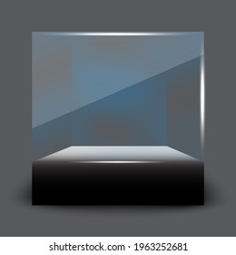 3d black cube form mockup with glass showcase. Interior design. Vector illustration. Stock image. EPS 10.
