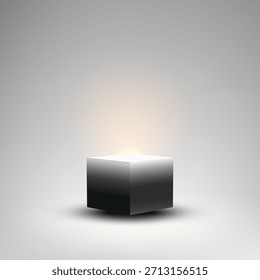 3D black cube with highly polished sides illuminated by a bright warm spotlight standing on a smooth gray gradient background for product display