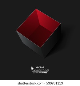 3d black cube on a dark background.  Black box. Vector for your graphic design.