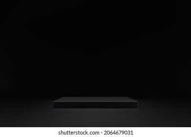 3D black cube podium on dark background. Empty stage for product presentation. Realistic vector platform with free space. Minimalistic mockup design. Template of pedestal