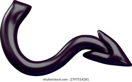 3D black curved arrow or devil's tail. Halloween, directional indicator. Demonic carnival accessory. Gothic, religious theme, gaming attribute. Vector cartoon illustration. Render. Plastic style.