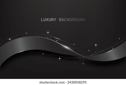 3d Black curved ribbon with silver lines on a black background. Luxury style