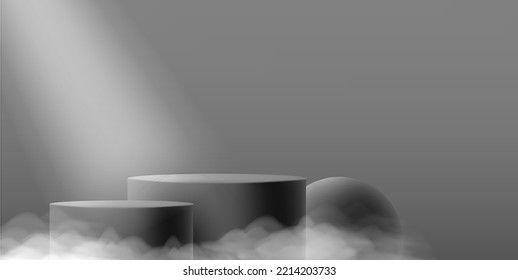 3D-Schwarzzylinder-leerer Podest mit Scheinwerfer und Kugel mit Wolken oder Nebel, Produktszene-Showcase