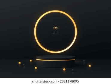 3D black cylinder pedestal podium background with glow golden neon ring wall scene. Vector abstract geometric platforms. Empty mockup products round stage showcase, Black friday sale promotion display