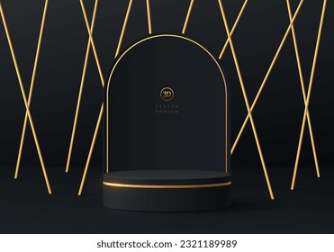 3D black cylinder pedestal podium background with many luxury golden pillars wall scene. Vector abstract geometric platforms. Mockup products round stage showcase, Black friday sales promotion display