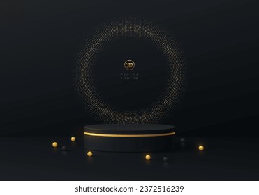 3D black cylinder pedestal podium background with shiny golden glitter ring wall scene. Vector abstract geometric platforms. Mockup products round stage showcase, Black friday sale promotion display.