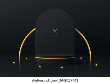 3D black cylinder podium background with gold stripes and arch backdrop wall scene. Minimal abstract 3D mockup or product display presentation, Round stage showcase. Platforms vector geometric design.