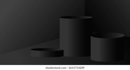 3D black cylinder podium background with cube base, Clean empty wall view. eps10 vector
