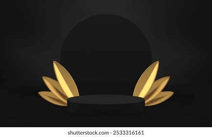 3d black cylinder podium pedestal for luxury product presentation realistic vector illustration. Fashion elegant display with golden leaves and round wall background trendy premium show advertising