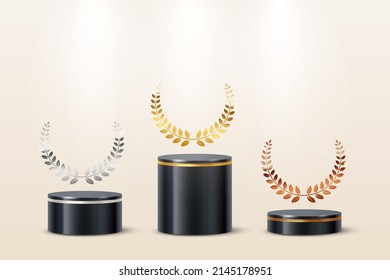 3d black cylinder podium set vector illustration. Realistic pipe platforms with gold, silver and copper laurel wreath for first, second and third place in competition or contest on beige background