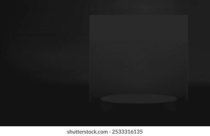 3d black cylinder podium with squared wall background mockup for presentation realistic vector illustration. Dark fashion minimalist pedestal for brutal male product show commercial advertising sale