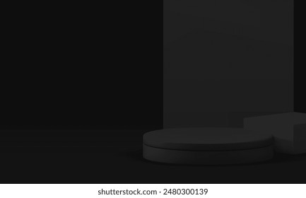 3d cilindro negro cuadrado podio maqueta para la presentación del producto Ilustración vectorial realista. Moda oscura minimalista estética geométrica escaparate espacio interior plataforma pedestal publicidad