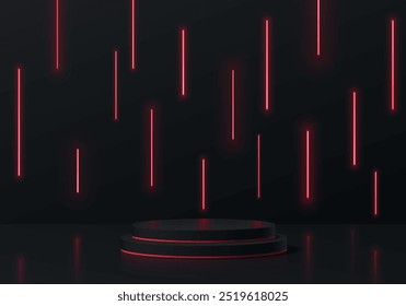 3D schwarz zylindrischen Podium Hintergrund mit roten Neon Beleuchtungslinien Szene. Black Friday Sale. Minimalistisches Mockup-Podest, Präsentation der abstrakten Produktpräsentation, Bühnenpräsentation. Plattformen, Vektordesign