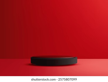 3D black cylindrical podium stands against a vibrant red background. Product display, mockup, and showcase purposes, blending minimal with dramatic elegance