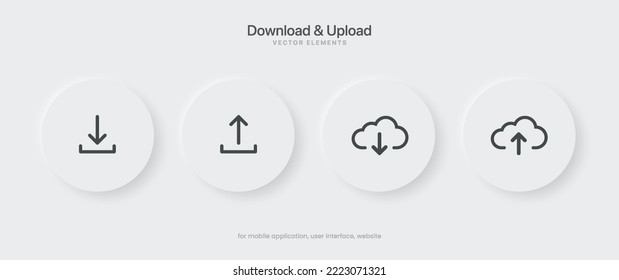 Icono del botón de carga de descarga en negro 3D. Icono de envío. Símbolo inferior de la flecha abajo. Pulse aquí. Botón de inserción de icono en la nube para UI UX, sitio web, aplicación móvil.