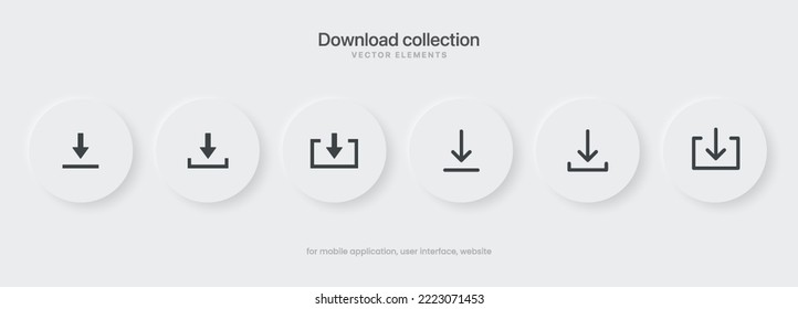 Icono del botón de carga de descarga en negro 3D. Icono de envío. Símbolo inferior de la flecha abajo. Pulse aquí. Botón de inserción de icono en la nube para UI UX, sitio web, aplicación móvil.
