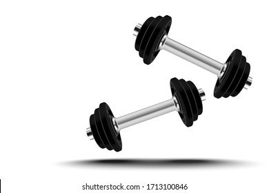 3d black dumbbell isolated on white background. Gym equipment with copy space. Pairs of 3 parts of weight iron. Realistic vector illustration.