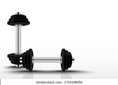 3d black dumbbell isolated on white background. Gym equipment with copy space. Pairs 3 parts of weight iron. Realistic vector illustration.