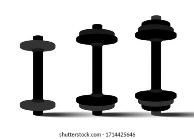 3d black dumbbell isolated on white background. Gym equipment with copy space. 3 parts of weight iron. Realistic vector illustration.