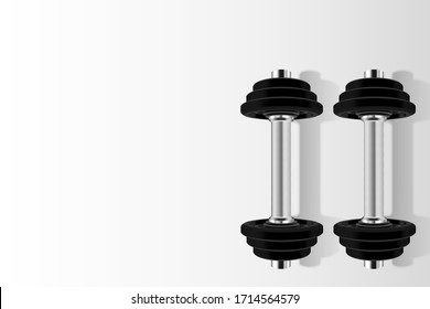 3d black dumbbell isolated on white background. Flat lay of Gym equipment with copy space. Pairs 3 parts of weight iron in top view scene. Realistic vector illustration.