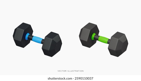 3D Black dumbbell weights icon set. Sport and fitness equipment. Gym workout. Training and exercise. Cartoon design icons isolated on white background. 3D Vector illustration