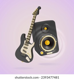 3d Concepto de Concierto de Rock Metal con Estilo de Caricatura de Guitarra Eléctrica Negra y Altavoz Sonoro. Ilustración vectorial de Electroguitar y Subwoofer