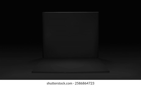 3d black empty room. Inside cube space with wall. Dark open studio interior mockup with limbo. Abstract advertising container for podium booth. Minimal indoor section for exhibition stall vector