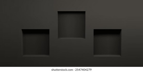 3D schwarze leere Wand Nische. Quadratischer Kastenrahmen im Raum Innenraum für Bücherregal. Galerieloch für Platz und Ausstellungsprodukt. Ausstellungsvitrine mit Ausstellungspodium. Business-Präsentationsdesign