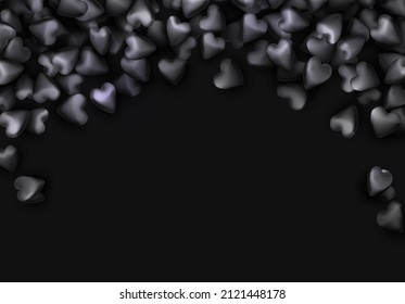 3 d corazones negros cayendo sobre fondo negro. Corazones como caramelos. Día de San Valentín. Ilustración vectorial.