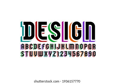 3D black font, trendy bright alphabet, condensed letters and numbers with colored shadow, vector illustration 10EPS